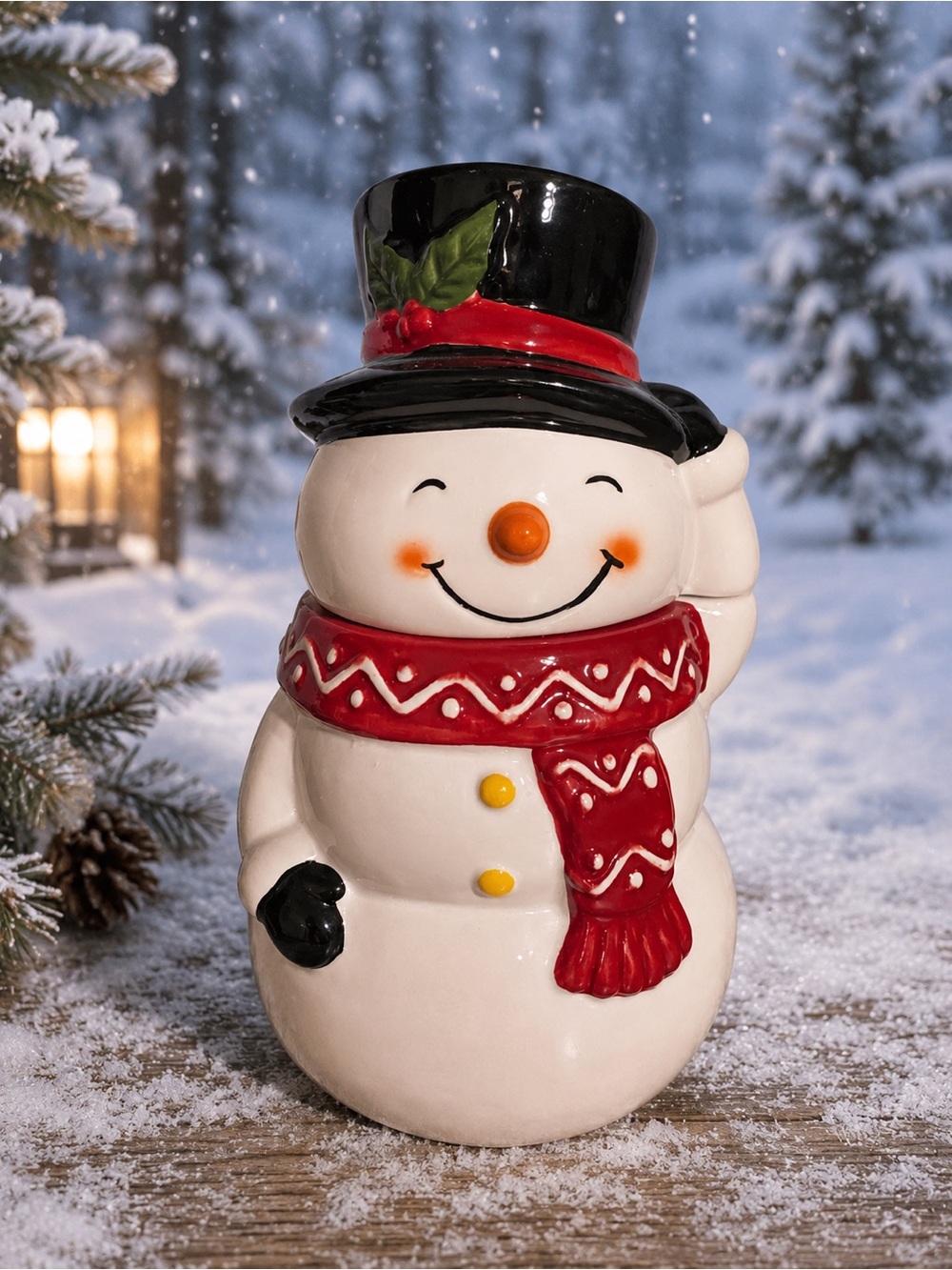 Festive Red Scarf Ceramic Snowman Figurine - Holiday Home Décor